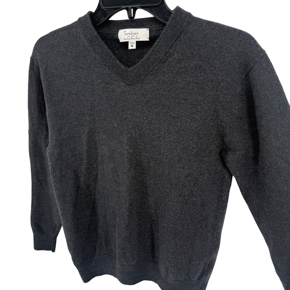 Turnbury Mens Gray V Neck Sweater‎ 100% Extra Fine Merino Wool Knit Pullover Med